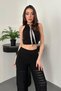 Women's Black Top and Bottom Set Knitwear Top and Bottom Set Openwork Crop Halter Neck Scarf Detailed Wide Leg Pants - 3