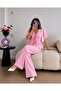 Pink Gathered Lace-Up Blouse and Pants Set - 2
