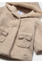 Hooded Ribbon Pocket Detailed Buttoned Baby Girl Plush Coat 2436 - 2