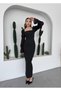 Women's Black Midi Dress Square Neck Chiffon Balloon Sleeves Ruffle Detail - 6