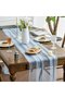 Light blue tablecloth adorned with white pearls - silky soft mesh, 30x120 inches - weddings, parties, and table decorations - 3