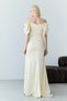 Yellow Boat Neck Stone Embroidered Drapeli Long Evening Dress - 7