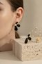 Black Enamel and Pearl Detailed Stylish Flower Motif Bijouterie Earrings for Women - 5