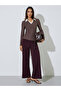 Brown Contrast Collar Long Sleeves Ribbed Top - 2