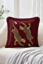 Set of 4 Fringed-Tasseled Throw Pillow Covers with Leopard and Cheetah Figures and Burgundy Pink Striped Design - 5