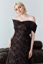 Brown Boat Neck Sequin Embroidered Tail Long Evening Dress - 6