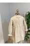 Girl's Beige Muslin Tunic Pants Set Umre Set Lace Detailed Cotton Hijab Set - 4