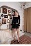 Women's Black Mini Dress Square Collar Pearl Detailed Long Sleeve Chanel Textured Pocket Cover - 6