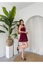 Women's Burgundy Strapless Mini Dress with Bow Detail and Contrast Piping Flared Cut - 8