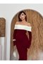 Women's Burgundy Long Dress Off Shoulder Contrast Collar Long Sleeve Fish Cut - 2