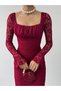 Women's Burgundy Midi Dress Square Neck Long Lace Sleeves Draped Evening Dress - 7