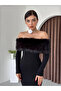Women's Black Midi Dress Strapless Collar Feather Detailed Long Sleeve Slim Fit - 5