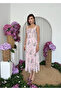 Women's Pink Floral Patterned Strappy Lace Detailed Bow Midi Dress - 6