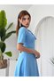 Women's Baby Blue Midi Dress with Stone Bow Detail, Crew Neck, Short Sleeves - 5