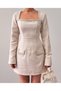 Women's Ecru Mini Dress Square Collar Pearl Detailed Long Sleeve Chanel Textured Pocket Cover - 2