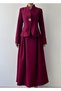Women's Burgundy Skirt Suit with Stand Collar, Pocket Detail, Single Button, Long Atlas Weaving - 2