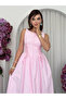 Women's Pink Midi Dress Lace-Up Gathered Buttoned Sleeveless Poplin