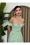 Women's Green Floral Patterned Square Neck Balloon Sleeve Fitted Waist Ruffle Midi Dress - 6