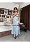 Women's Blue Rope Strap Polka Dot Lace Detailed V-Neck Satin Maxi Slip Dress - 6