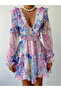 Women's Blue Mini Dress V-Neck Floral Patterned Ruffled Backless Poplin - 2