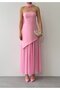 Women's Pink Shawl Detailed Strapless Asymmetrical Hem Chiffon Atlas Midi Dress - 2