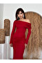 Women's Red Midi Dress Asymmetrical Collar Long Sleeve Draped Slim Fit - 3