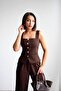 Women's Bitter Brown Stone Button Detailed Corset Vest Double Set Nh265844 - 5