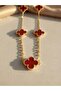 Red Enamel 5-Leaf Clover Gold Color Chain Stainless Steel Necklace - 2