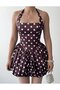 Women's Brown Mini Dress Polka Dot Halter Neck Gathered Balloon Skirt Satin - 3