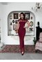Women's Burgundy Midi Dress with Lace Cape Collar and Draped Slim Fit Event Dress - 6