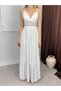 Women's White Strappy V-Neck Lace Detailed Waist Embroidered Flared Maxi Dress - 4