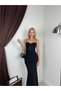 Women's Black Strappy Lace Detailed Sweetheart Neckline Draped Fish Cut Maxi Evening Dress - 3
