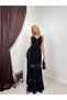 Women's Black Maxi Strappy V-Neck Lace Detailed Layered Long Dress