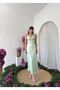 Women's Green Midi Dress with Straps, Degaje Collar, Floral Applique, Satin - 4