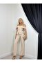 Women's Beige Blouse Trousers Set Carmen Collar Buttoned Pocket Flap Wide Leg