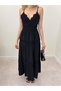 Women's Black Maxi Length Thin Strap V-Neck Layered Dress with Lace Detail - 4