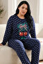 Navy Blue Patterned Cotton Lycra Large Size Oversized Knitted Pajama Set26240875