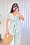 Women's Mint Green Top and Bottom Set Linen Double Set Single Button V-Neck Lace-Up Wide Leg - 2