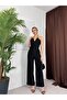 Women's Black Halter Neck Belted Double-Breasted Look Wide-Leg Long Jumpsuit