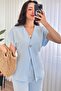 Women's Baby Blue Top and Bottom Set Linen Double Set Single Button V-Neck Lace-Up Wide Leg - 2