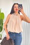 Women's Beige Beaded Detailed Halter Neck Flowy Balloon Cut Sleeveless Blouse - 3