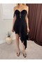 Women's Black Carmen Collar Lace-Up Asymmetrical Mini Dress with Lace Detail - 5