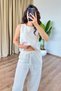 Women's Stone Linen Sleeveless Blouse with Elastic Waist and Pockets Wide Leg Two-Piece Set - 5