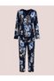 Women's Plus Size Floral Patterned Long Sleeve Pajama Set with Embroidered Collar Detail, Oversized Size, 2-Piece Model, Combed Cotton Trim, V-Neck, Comfortable Fit, Home Wear, Dowry Homewear - 2