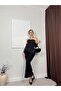 Women's Black Strapless Lace Sleeves Asymmetrical Cut Fish Form Maxi Evening Dress