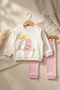 Aura Bloom Rabbit Patterned Cream Sweatshirt and Polka Dot Pink Trousers 2-Piece Baby Set - 100% Cotton - 2