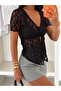 Lace Blouse with Tie Front - Black - 3