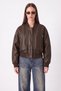 Oversize Bomber Coated Zippered Double-Pocket Ribbed Light Brown Leather Jacket - 4