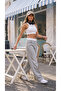 Ribbed Gray Waist White Elastic Wide Leg Palazzo Jean Trousers Without Lycra - 2