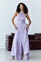 Lilac Halter Neckline Waist Corset Chiffon Fabric Evening Dress - 3